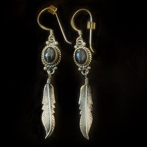 Silver and Black Stone Feather Earrings